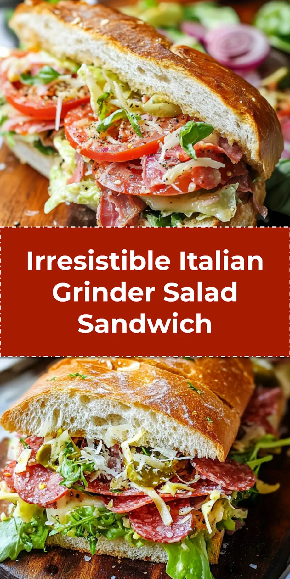 ITALIAN GRINDER SALAD SANDWICH centered hero view, clean and uncluttered_pin