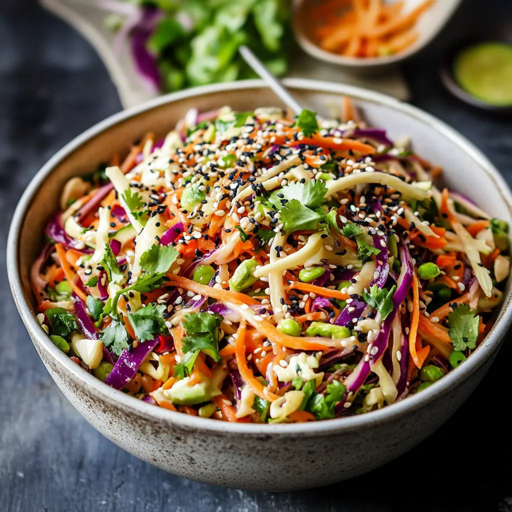 How to Make Asian Slaw with Sesame Ginger Dressing Easily 3 ASIAN SLAW WITH SESAME GINGER DRESSING centered hero view, clean and uncluttered