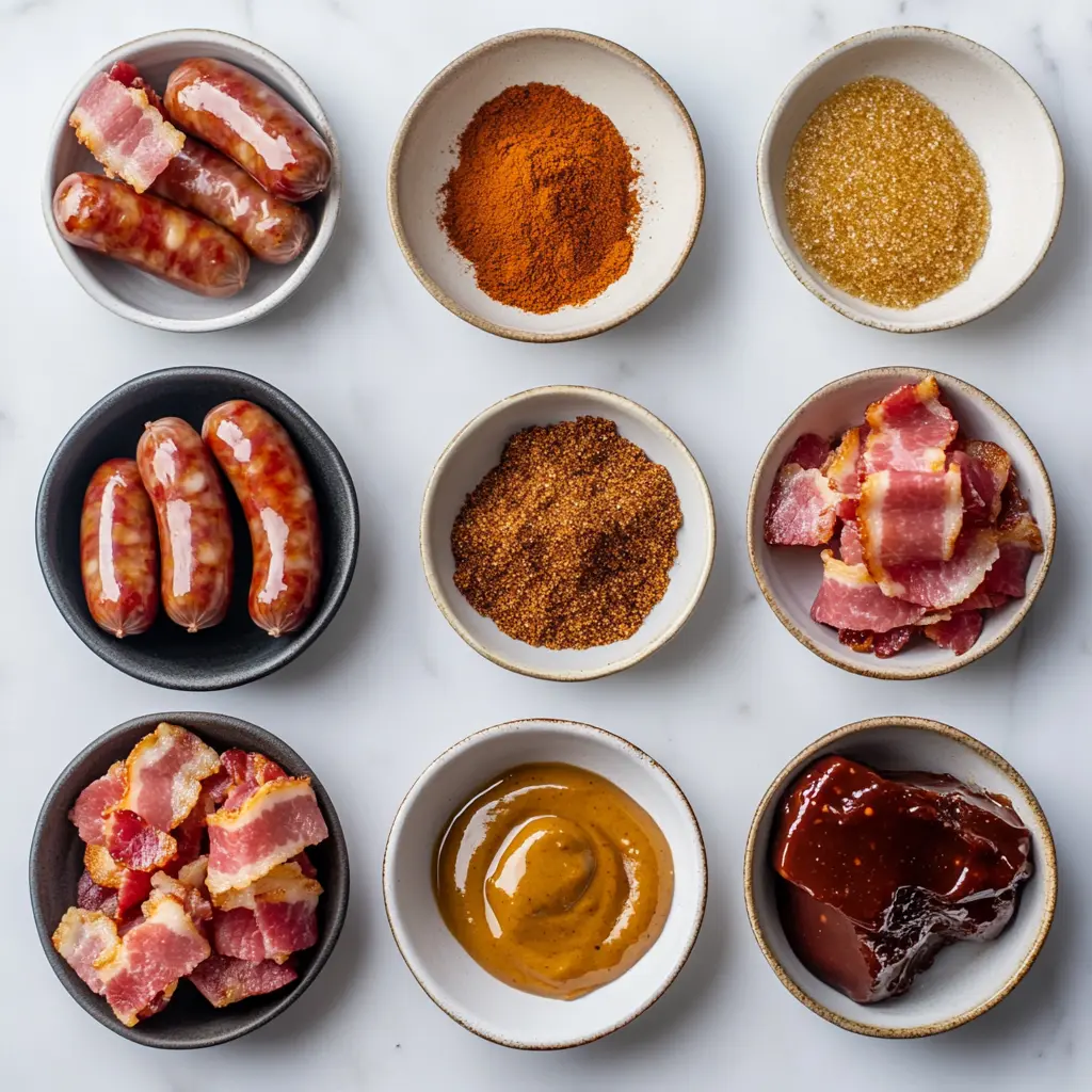 BACON WRAPPED BROWN SUGAR SMOKIES centered hero view, clean and uncluttered