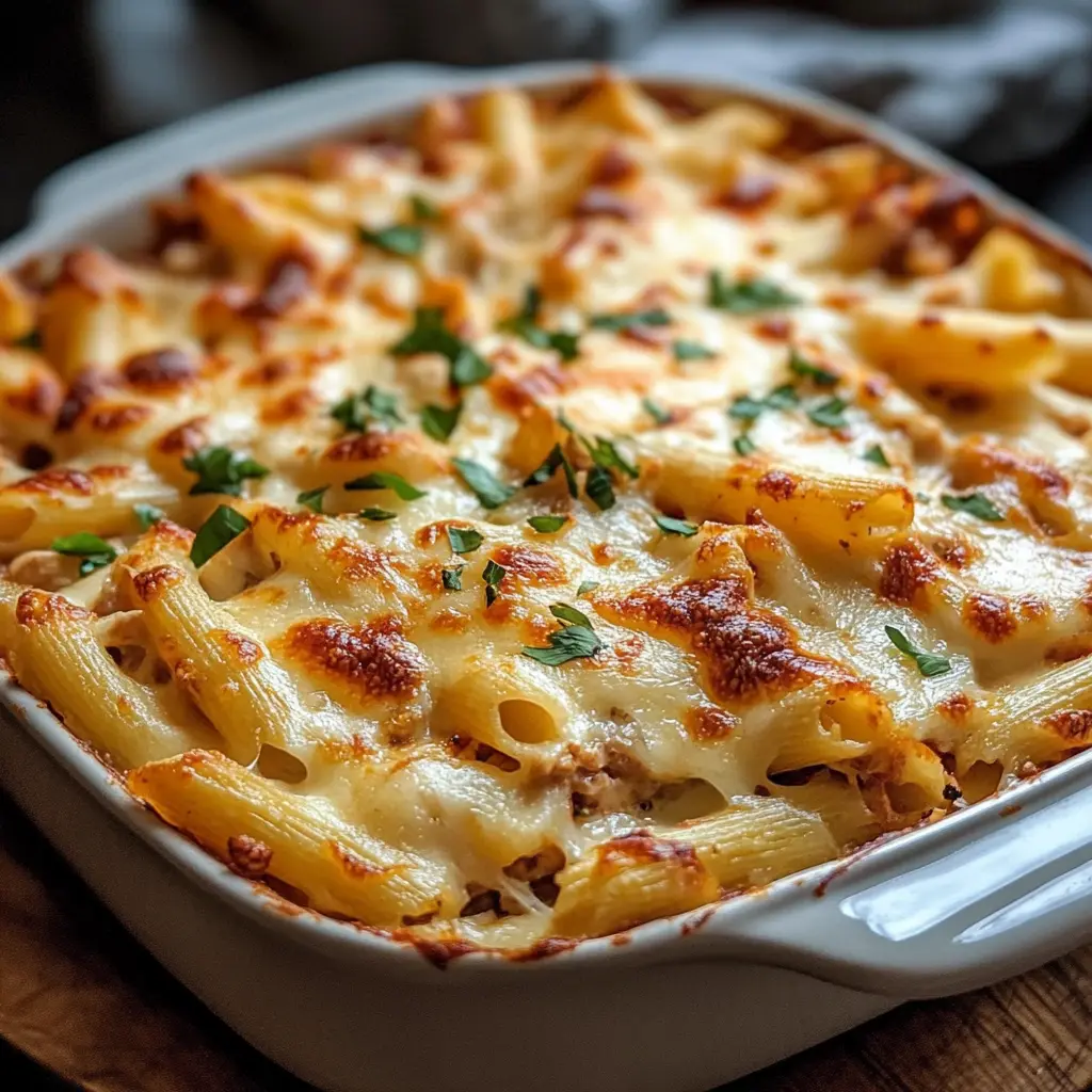 BAKED CRACK CHICKEN PENNE centered hero view, clean and uncluttered