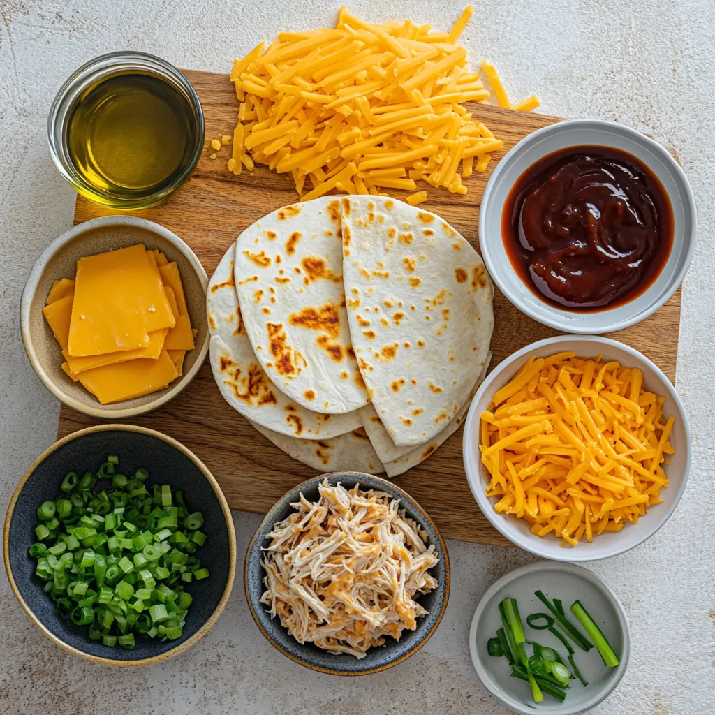 BBQ CHICKEN QUESADILLAS centered hero view, clean and uncluttered