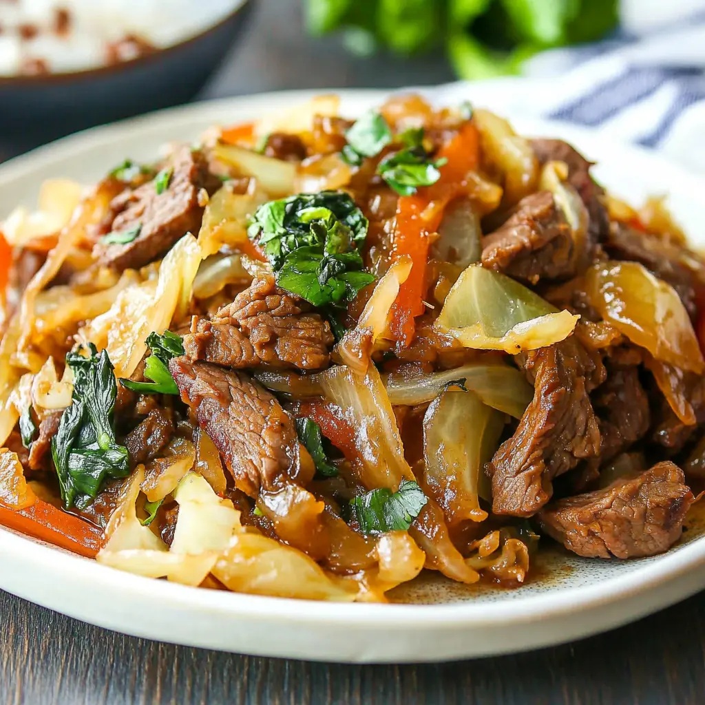 BEEF AND CABBAGE STIR FRY centered hero view, clean and uncluttered