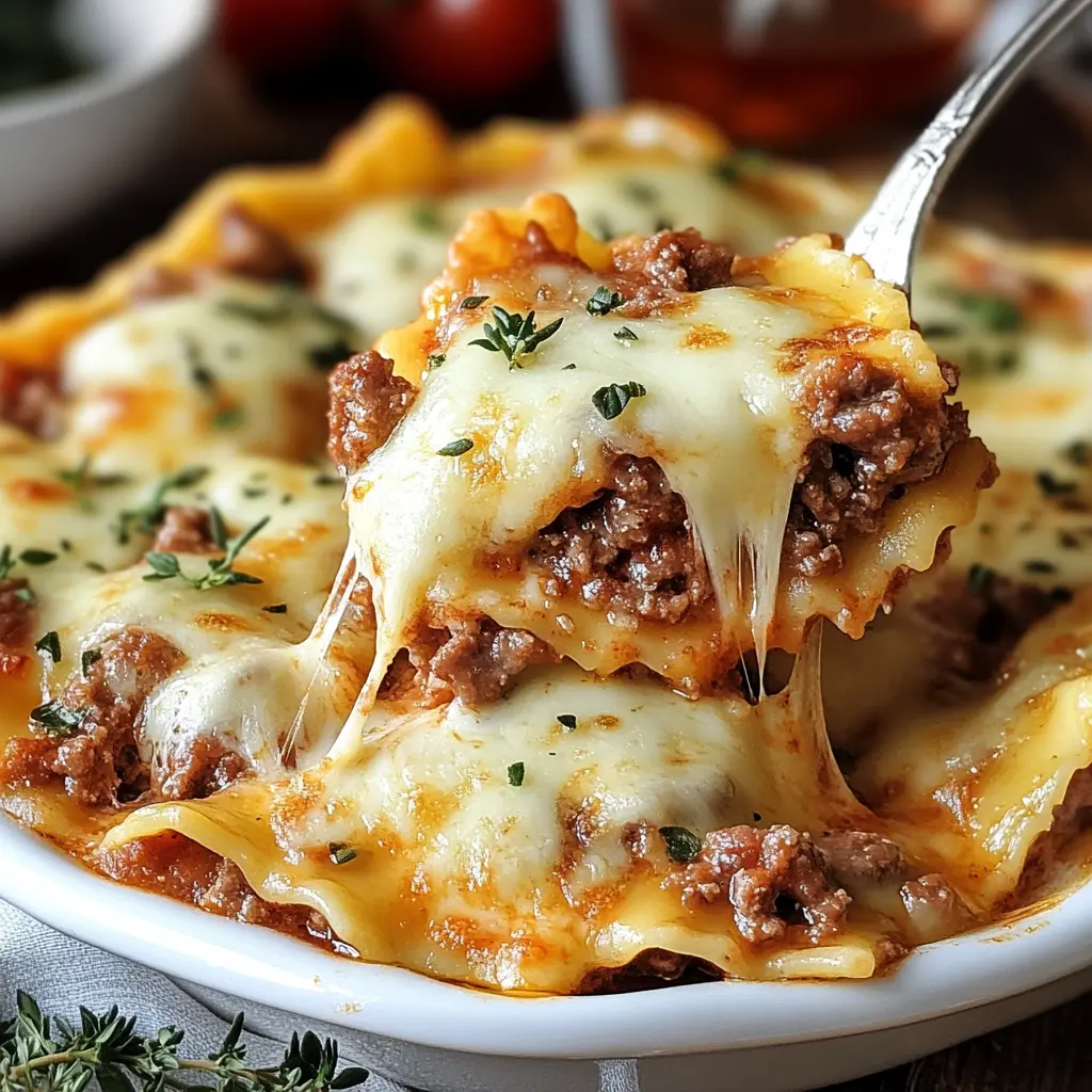 BEEF AND CHEESE RAVIOLI CASSEROLE centered hero view, clean and uncluttered