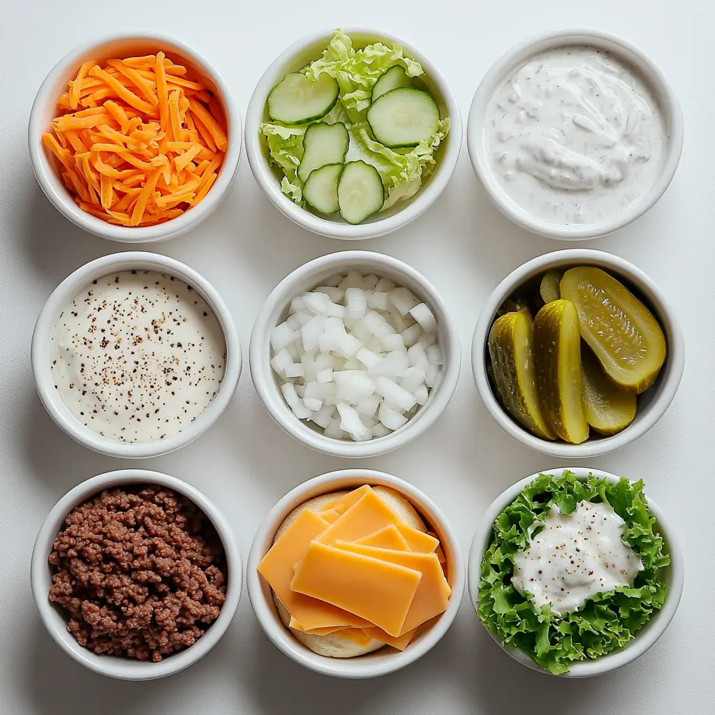 Ingredients for Big Mac Sliders, clean and ready