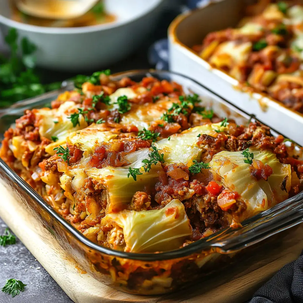 CABBAGE ROLLS CASSEROLE centered hero view, clean and uncluttered