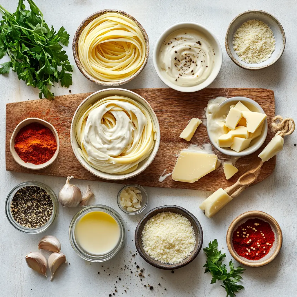 Overhead view of ingredients for Cajun Alfredo Sauce, laid out on a clean surface.