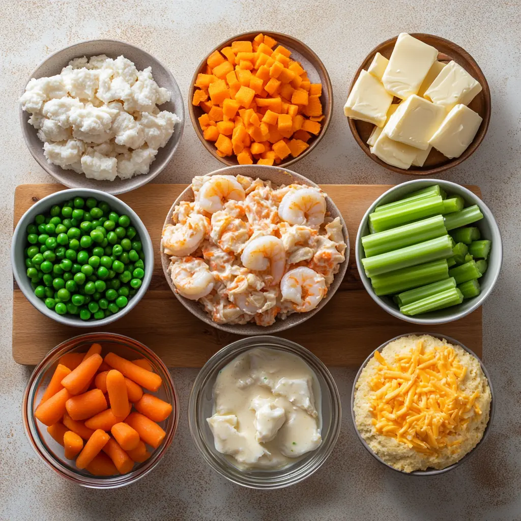 Simple and Cozy Cheddar Bay Biscuit Seafood Pot Pie Recipe 3 Ingredients for Cheddar Bay Biscuit Seafood Pot Pie arranged neatly