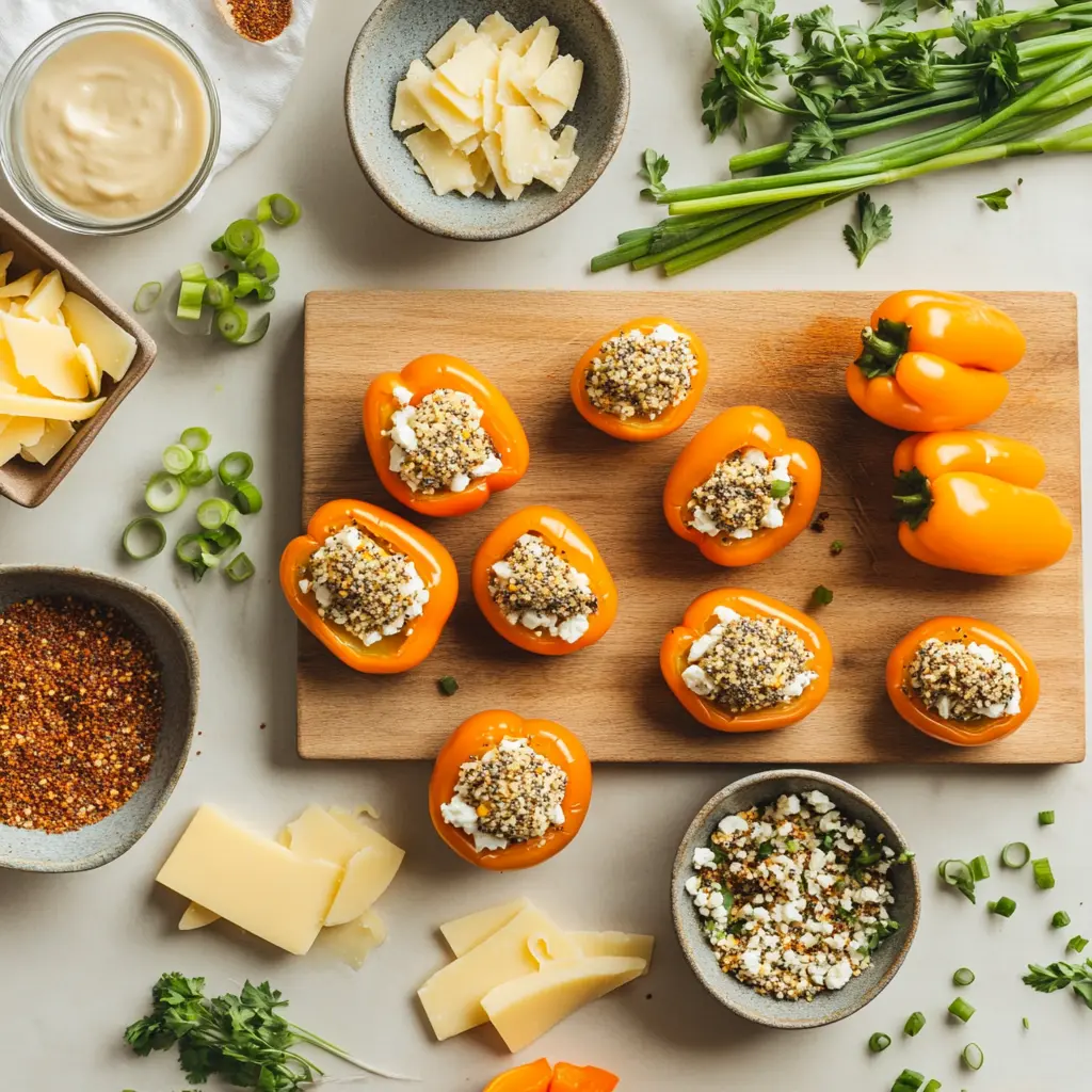 CHEESE BAGEL STUFFED MINI PEPPERS RECIPE centered hero view, clean and uncluttered