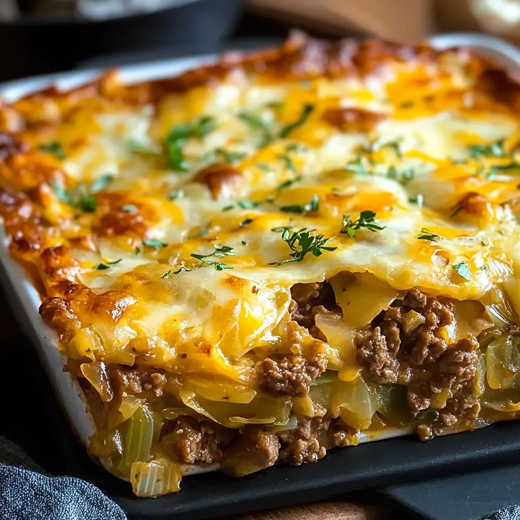 CHEESY CABBAGE BEEF CASSEROLE centered hero view, clean and uncluttered