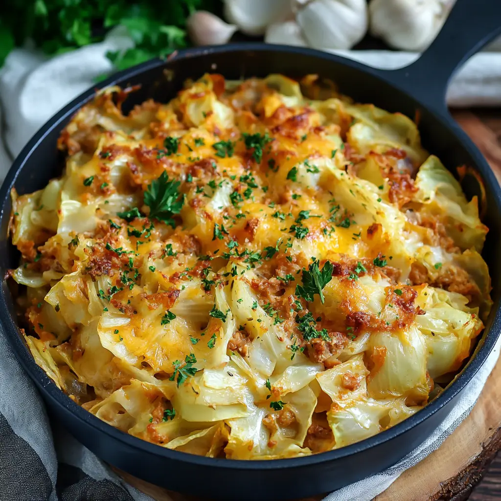 Cheesy Cabbage Casserole You Will Love at First Bite 3 CHEESY CABBAGE CASSEROLE centered hero view, clean and uncluttered