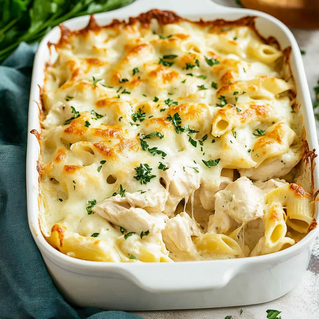 Comforting Chicken Alfredo Bake Ultimate Recipe 3 CHICKEN ALFREDO BAKE centered hero view, clean and uncluttered