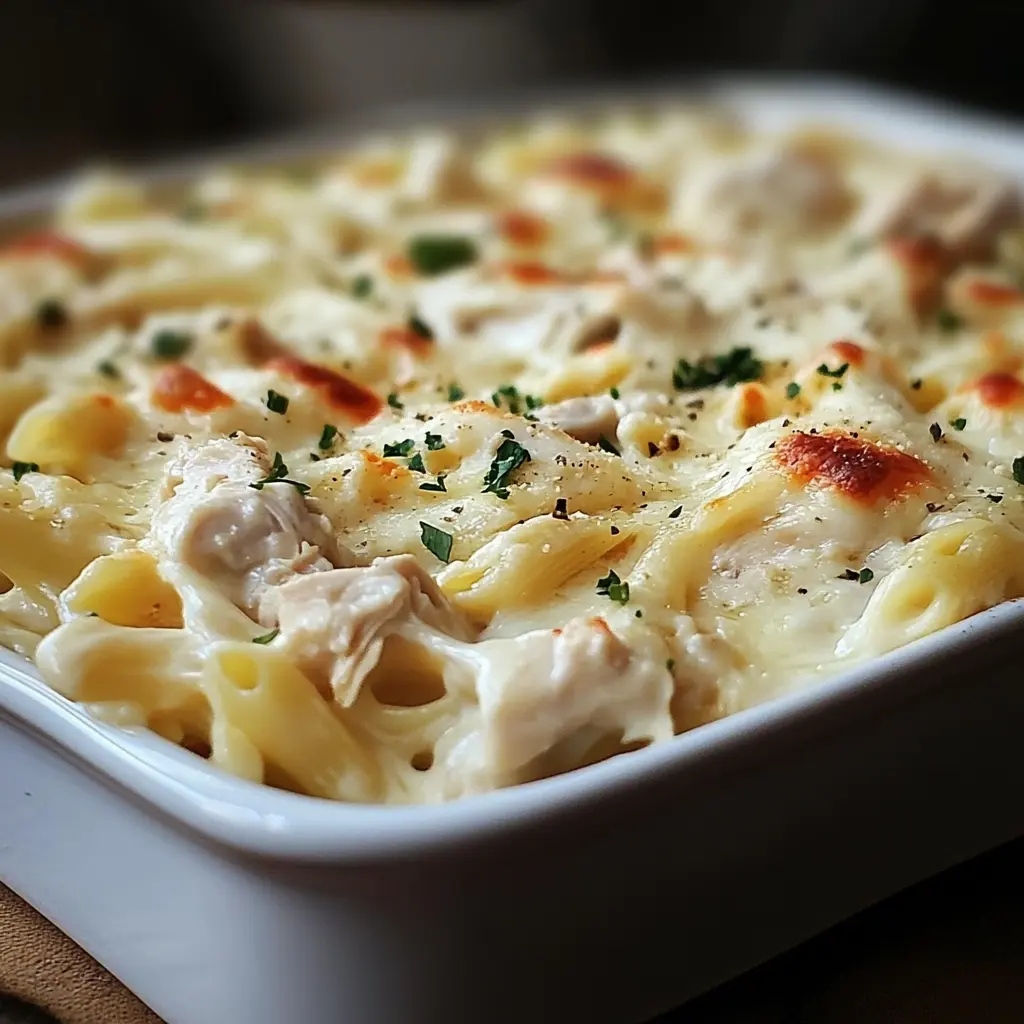 CHICKEN ALFREDO CASSEROLE centered hero view, clean and uncluttered