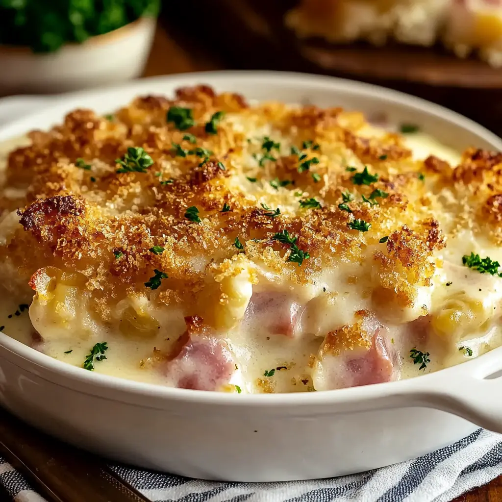CHICKEN CORDON BLEU CASSEROLE centered hero view, clean and uncluttered