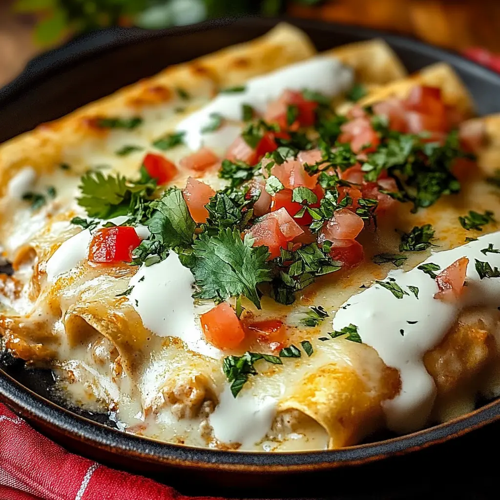 CHICKEN ENCHILADAS WITH SOUR CREAM WHITE SAUCE centered hero view, clean and uncluttered