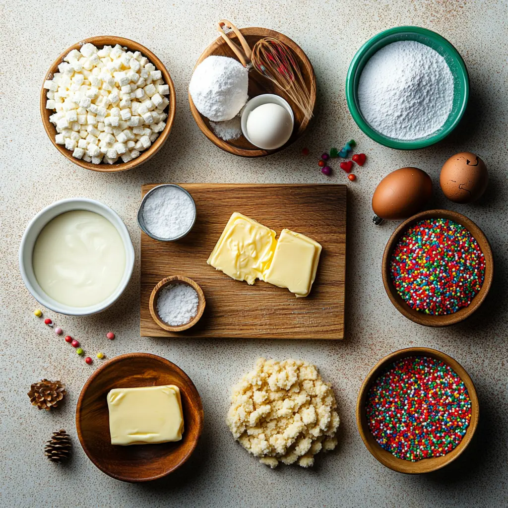 Ingredients for Christmas Gooey Butter Cookies, including butter, cream cheese, cake mix, and sprinkles, laid out on a clean surface.