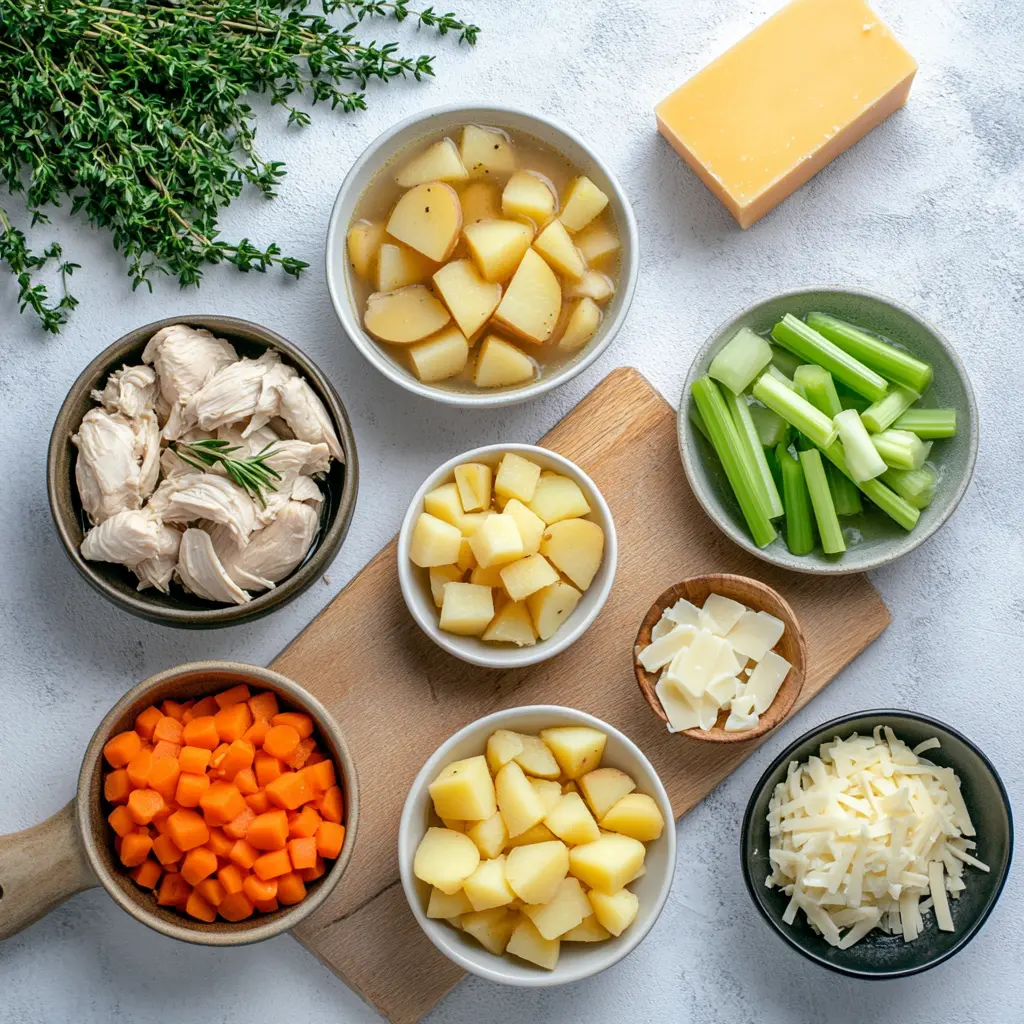 COMFORTING CHICKEN SOUP WITH POTATOES centered hero view, clean and uncluttered