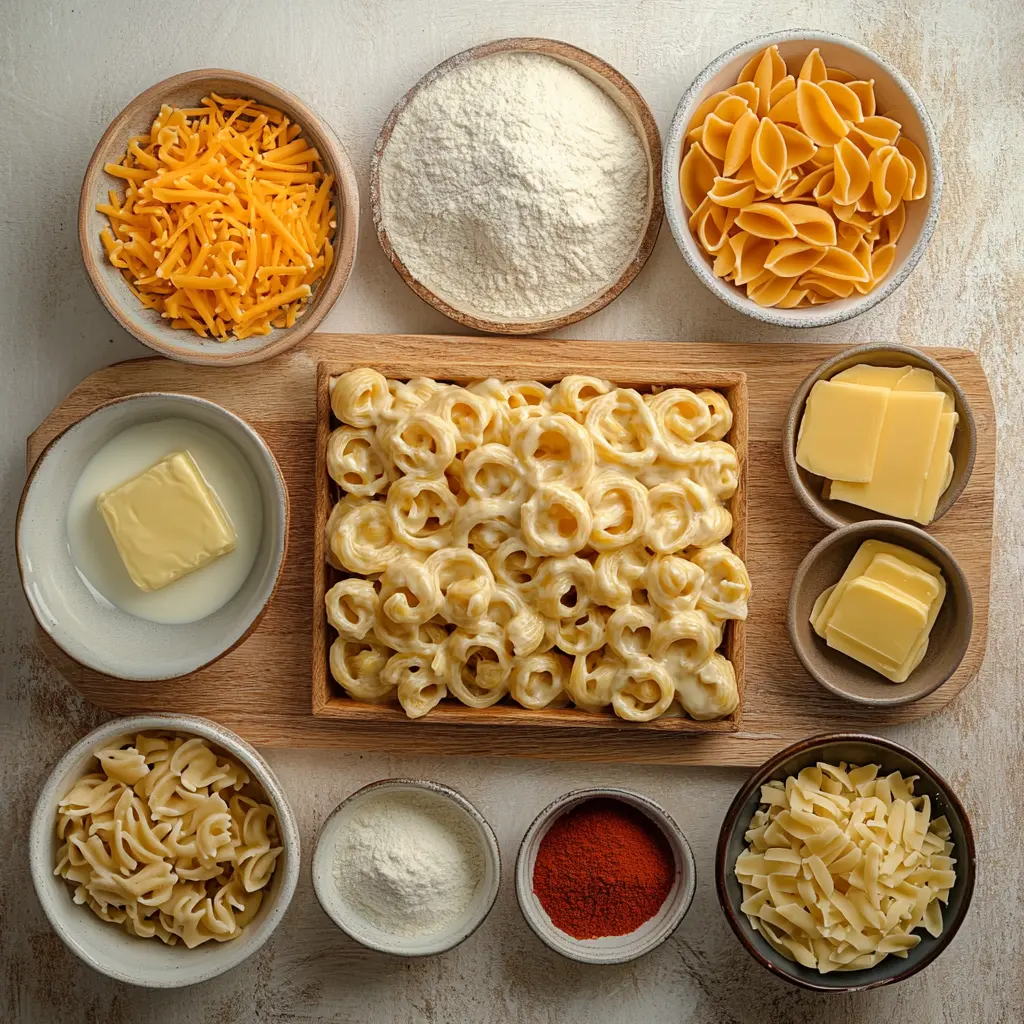 COZY CREAMY BAKED MAC AND CHEESE centered hero view, clean and uncluttered