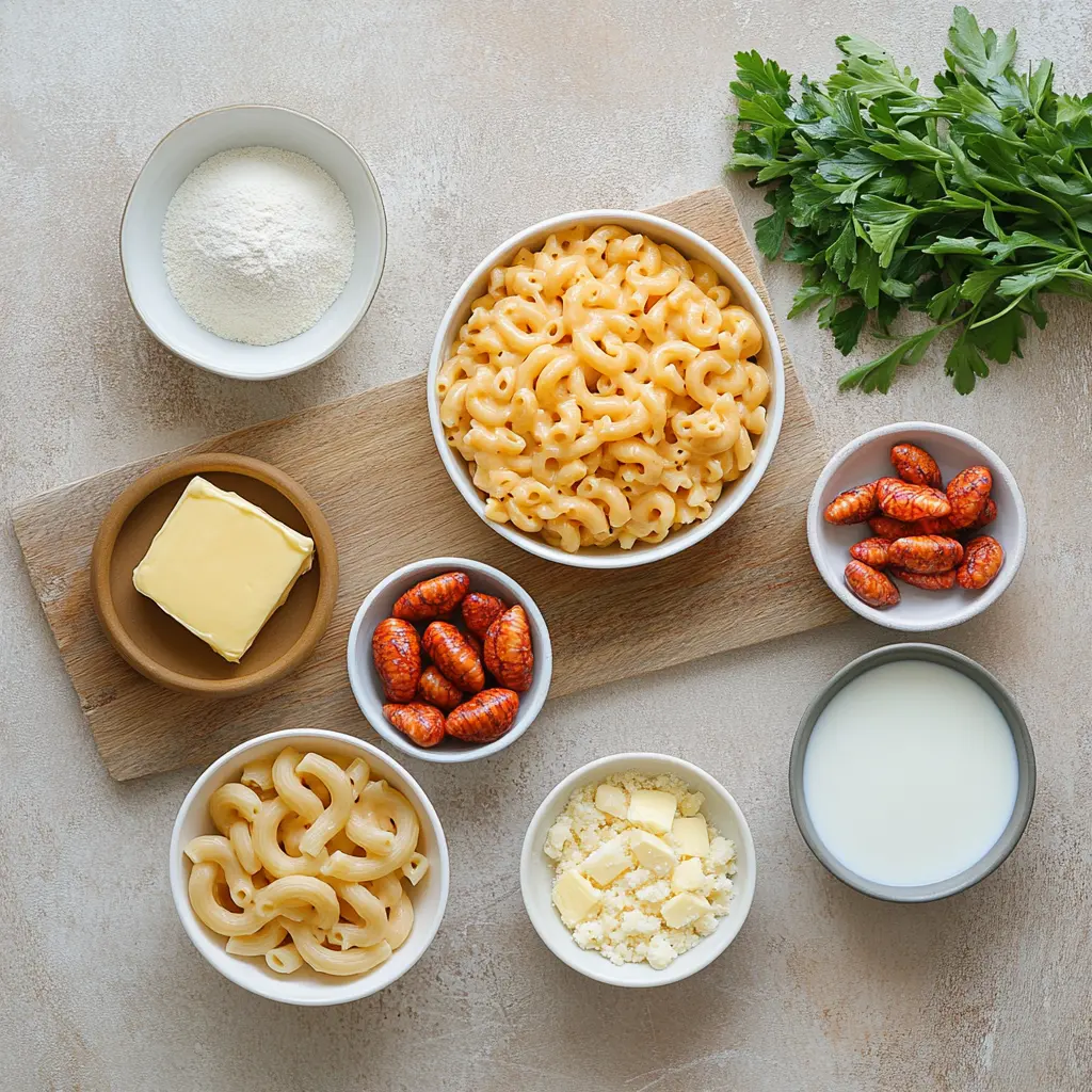 Ingredients for a delicious Crawfish Mac and Cheese recipe, neatly arranged.