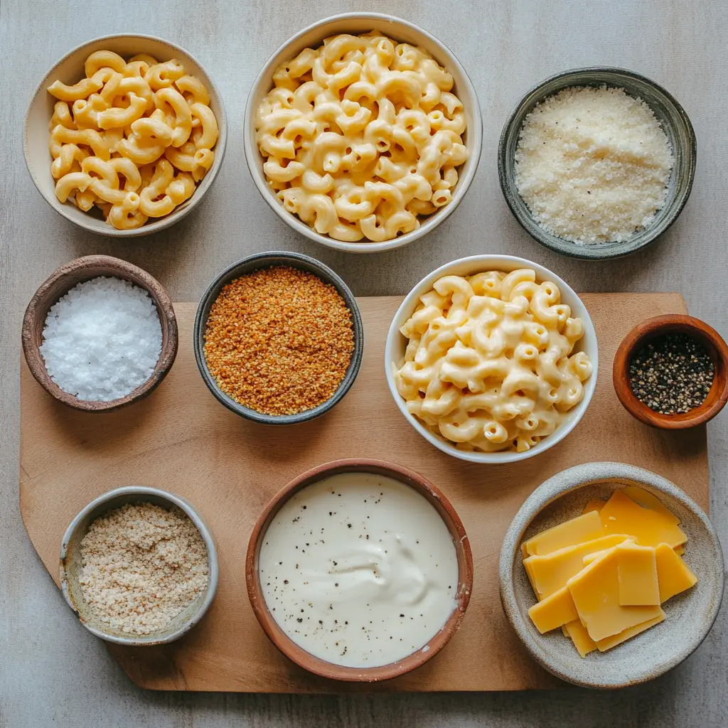 Ingredients for creamy baked mac and cheese recipe