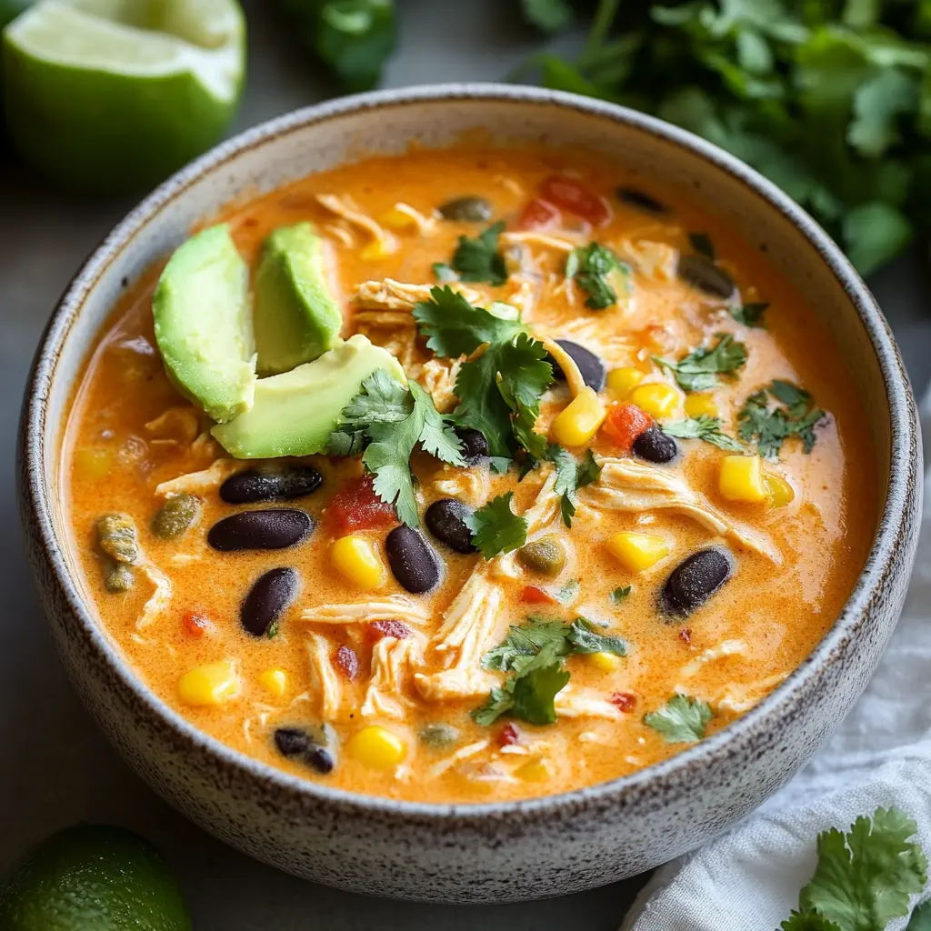 CREAMY CHICKEN ENCHILADA SOUP centered hero view, clean and uncluttered