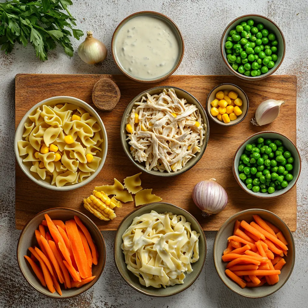 Creamy Chicken Pot Pie Pasta ingredients displayed neatly