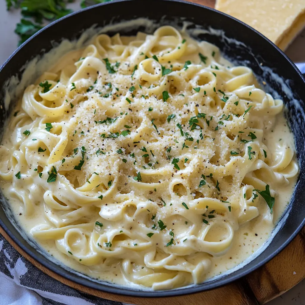 CREAMY GARLIC PARMESAN PASTA centered hero view, clean and uncluttered