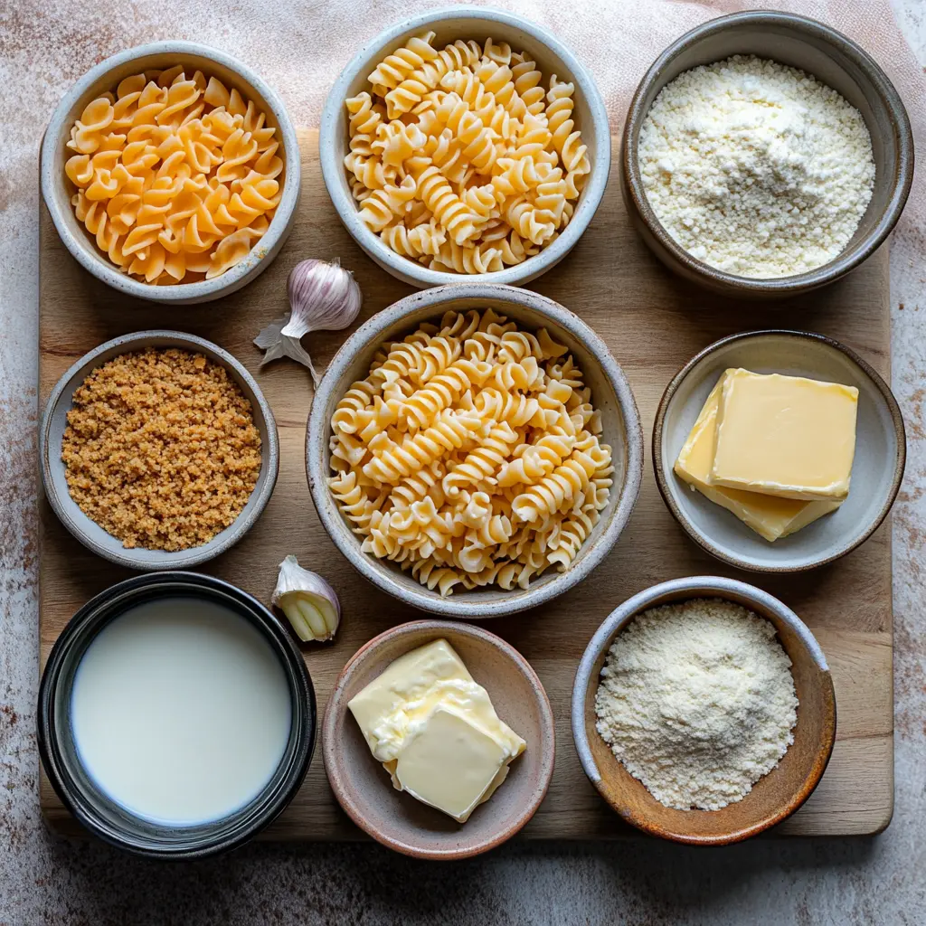 Ingredients for creamy gouda mac and cheese displayed clearly on a clean surface