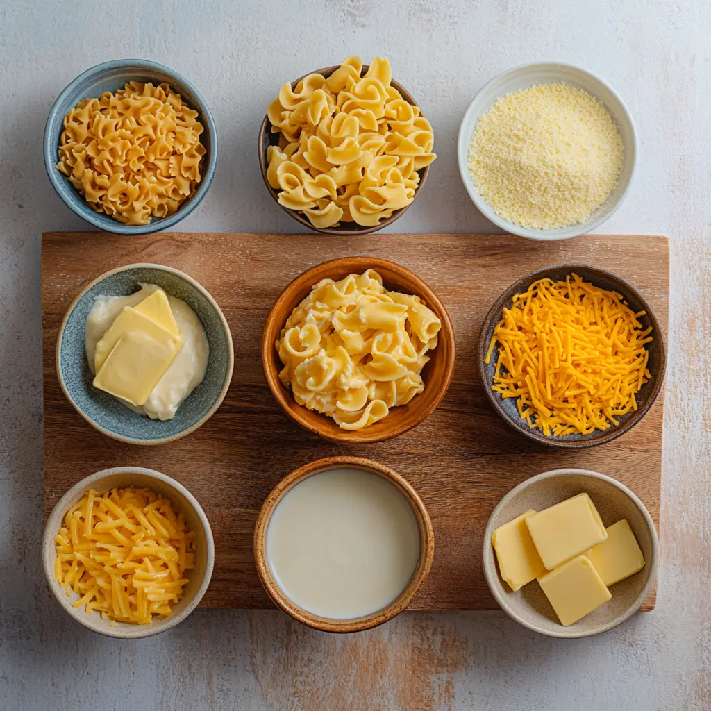 Overhead shot of ingredients for Creamy Mac and Cheese, clean and organized
