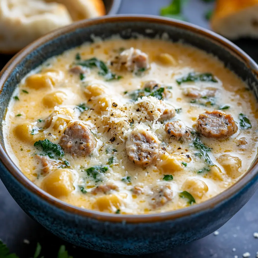 Quick Creamy Parmesan Italian Sausage Soup Recipe 3 CREAMY PARMESAN ITALIAN SAUSAGE SOUP centered hero view, clean and uncluttered