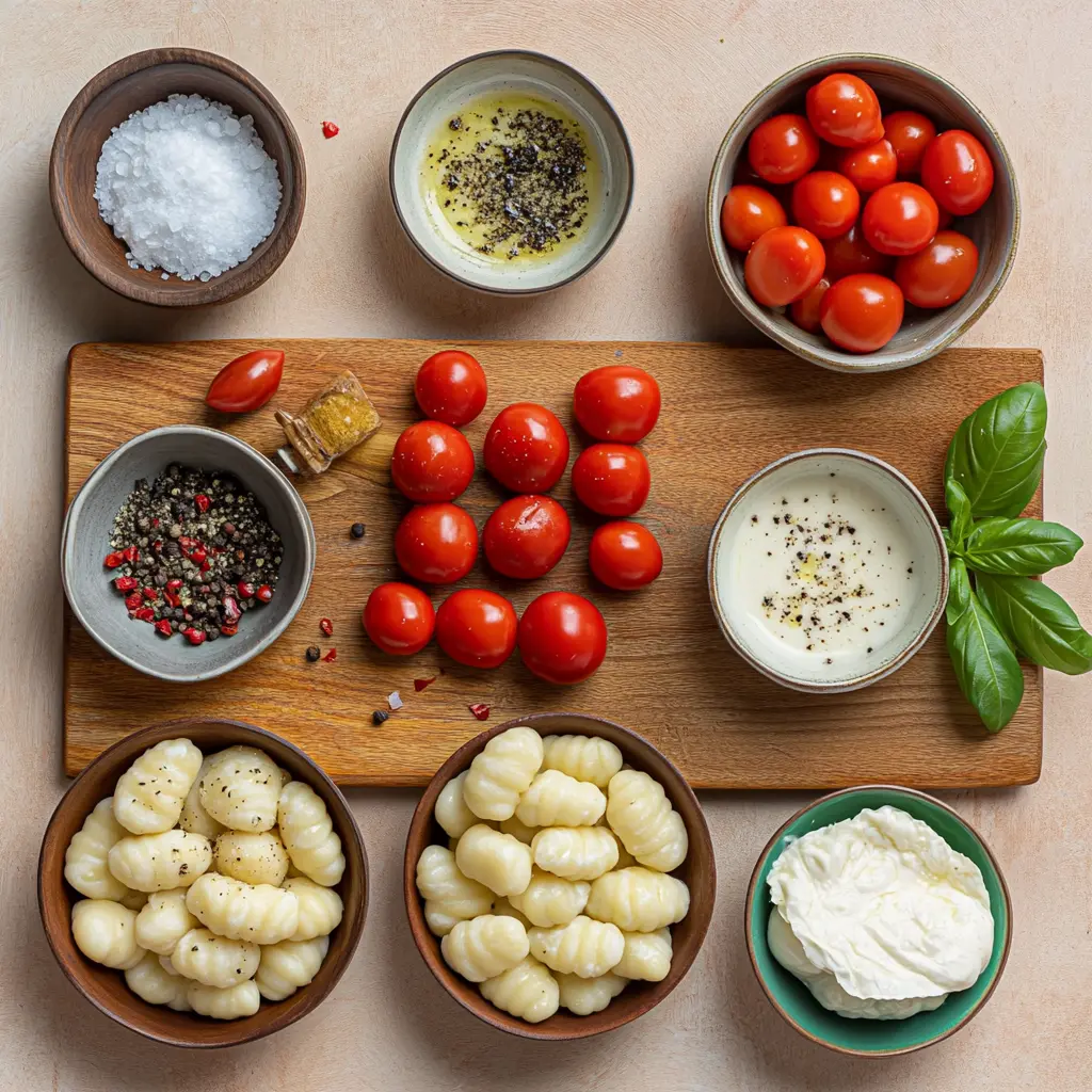 CREAMY TOMATO GNOCCHI WITH BURRATA centered hero view, clean and uncluttered