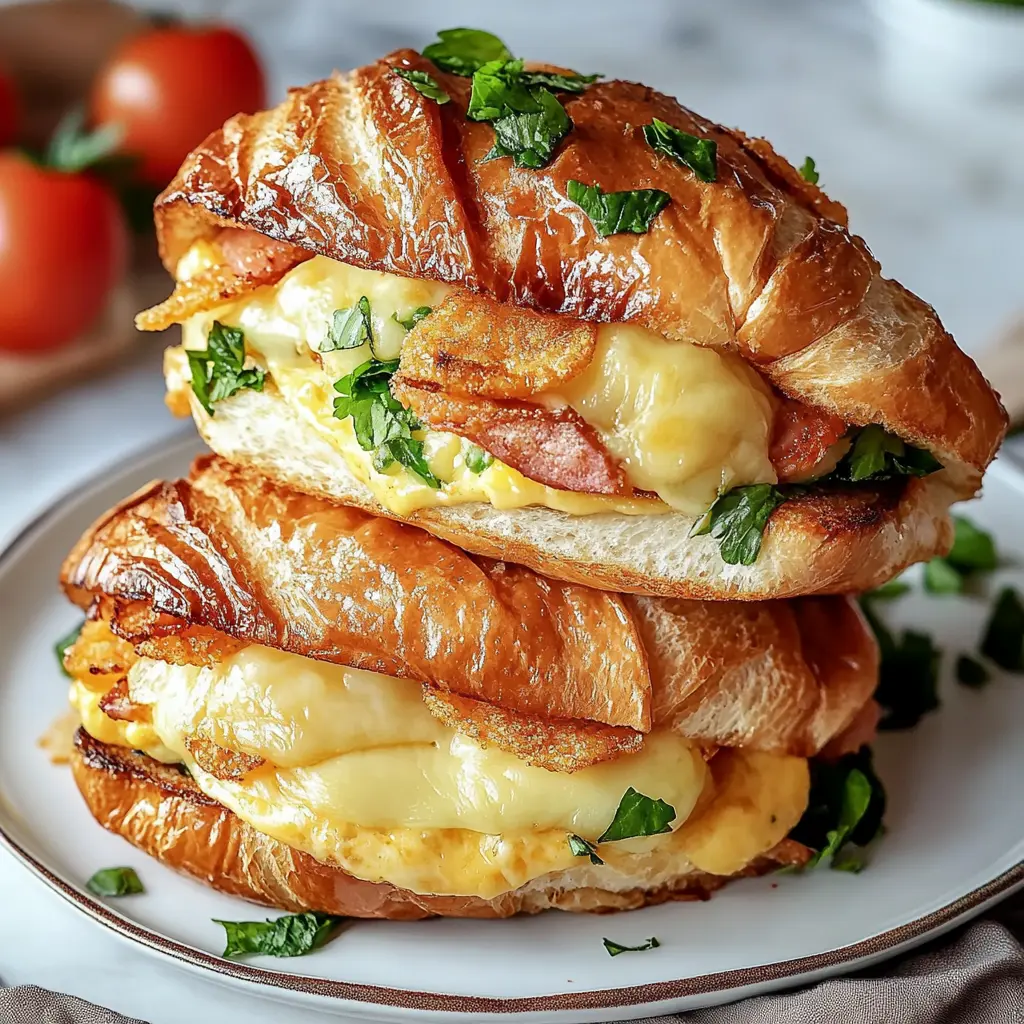 Irresistible Croissant Breakfast Sandwiches Recipe 3 CROISSANT BREAKFAST SANDWICHES centered hero view, clean and uncluttered