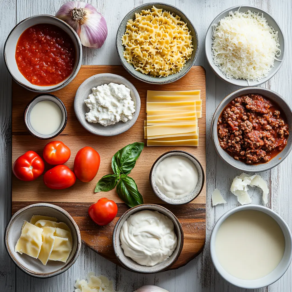 Ingredients for EASY CREAMY LASAGNA SOUP, clean and uncluttered