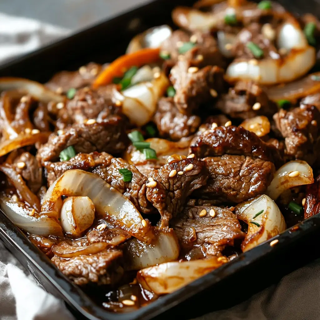 EASY SHEET PAN BEEF BULGOGI centered hero view, clean and uncluttered