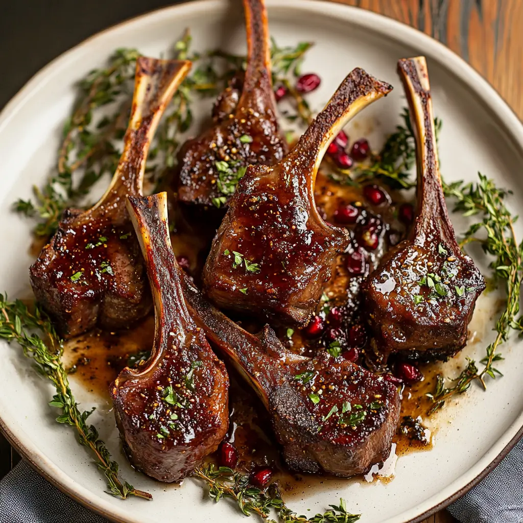 FANCY POMEGRANATE LAMB CHOPS centered hero view, clean and uncluttered