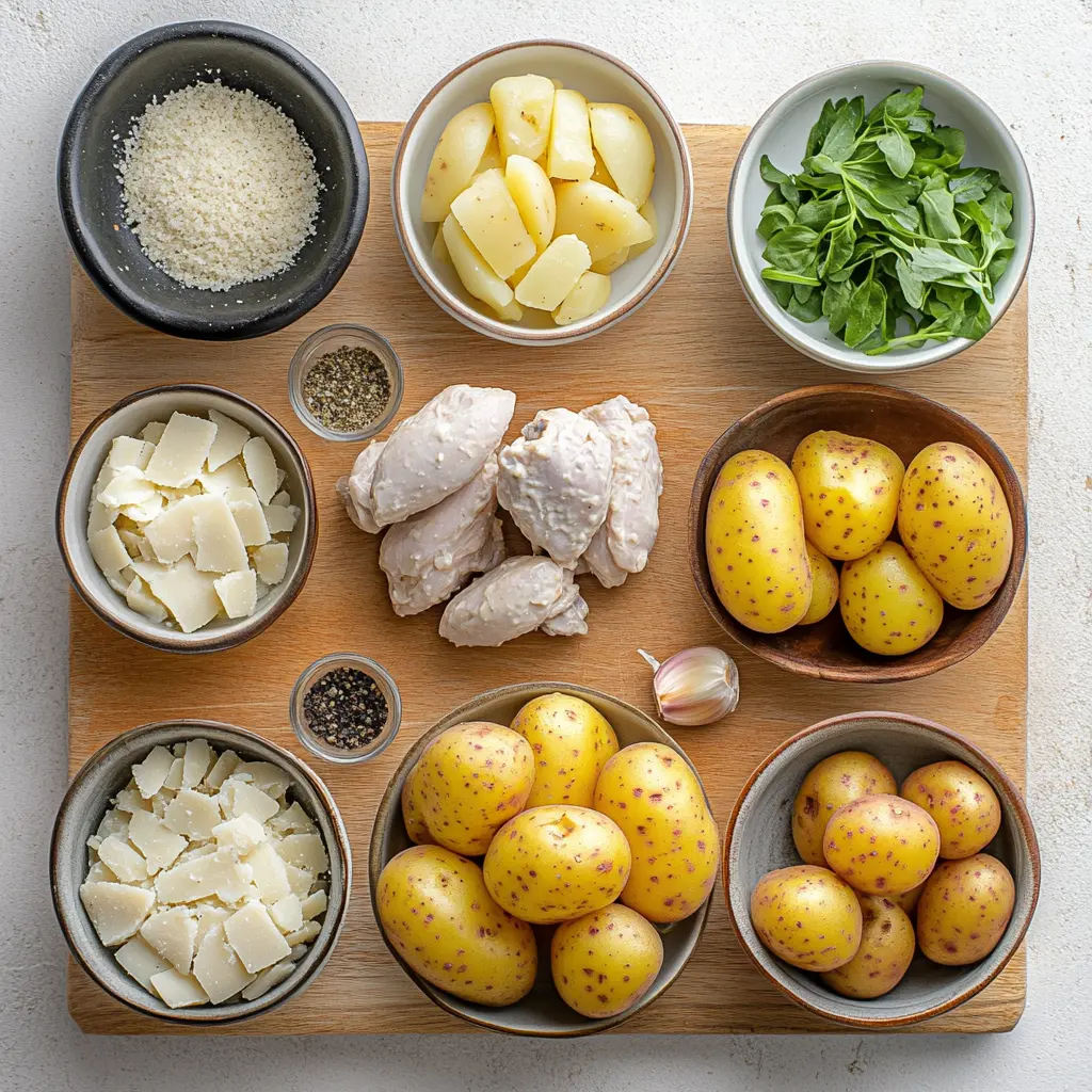 GARLIC PARMESAN CROCKPOT CHICKEN AND POTATOES centered hero view, clean and uncluttered