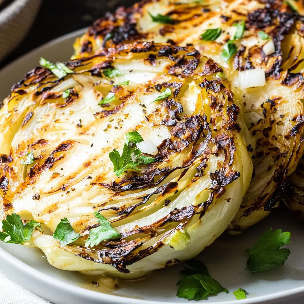 GRILLED GARLIC CABBAGE STEAKS centered hero view, clean and uncluttered