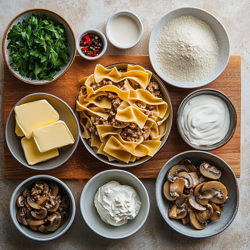 Quick and Comforting Ground Beef Stroganoff Recipe 3 GROUND BEEF STROGANOFF centered hero view, clean and uncluttered