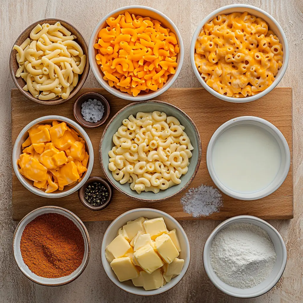 Ingredients for homemade mac and cheese arranged neatly