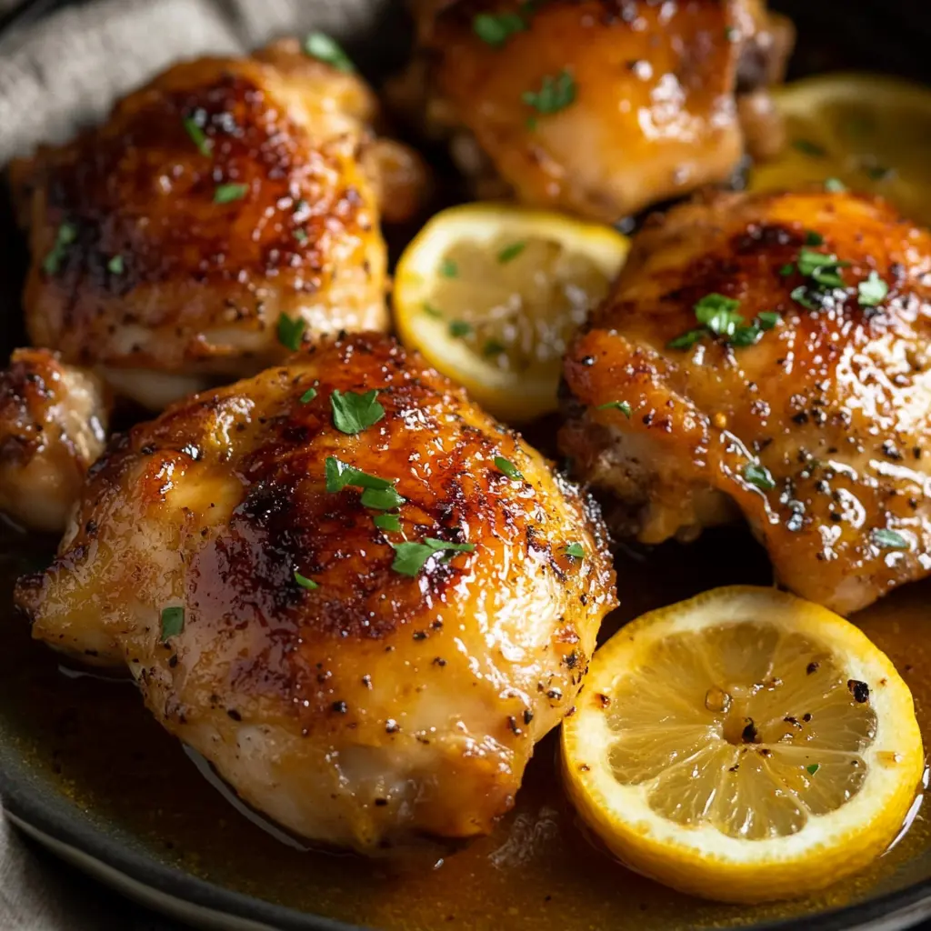 HONEY LEMON PEPPER CHICKEN THIGHS centered hero view, clean and uncluttered