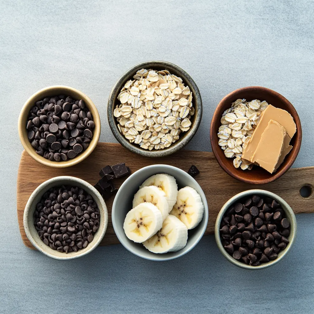 Ingredients for oatmeal cookies displayed neatly on a wooden surface