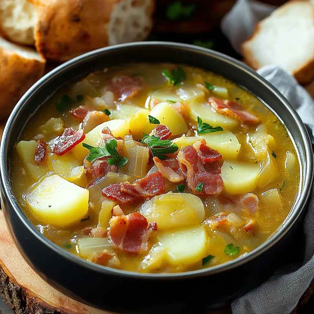 IRISH BACON CABBAGE AND POTATO SOUP centered hero view, clean and uncluttered