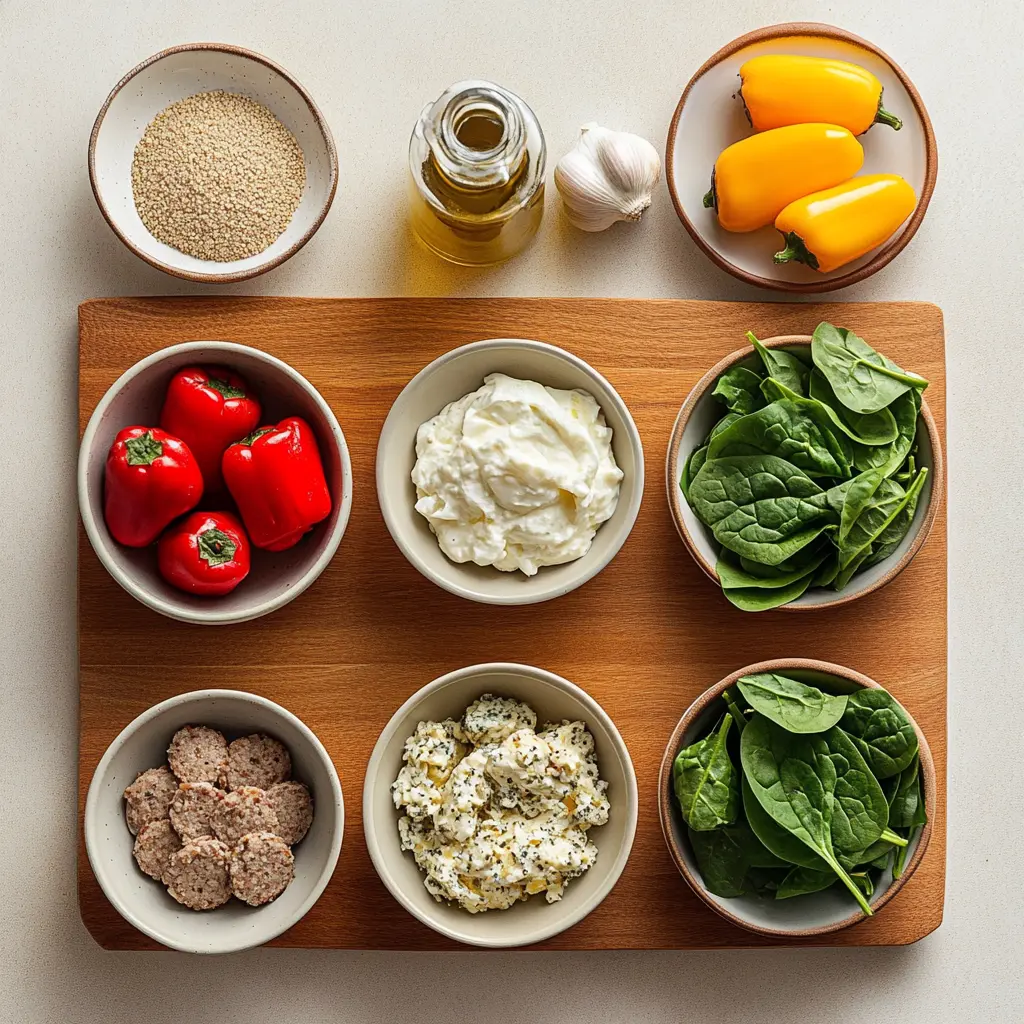 Close-up of ingredients for a Keto Breakfast Bowl, including fresh spinach, bell peppers, garlic, olive oil, eggs, heavy cream, and breakfast sausage.