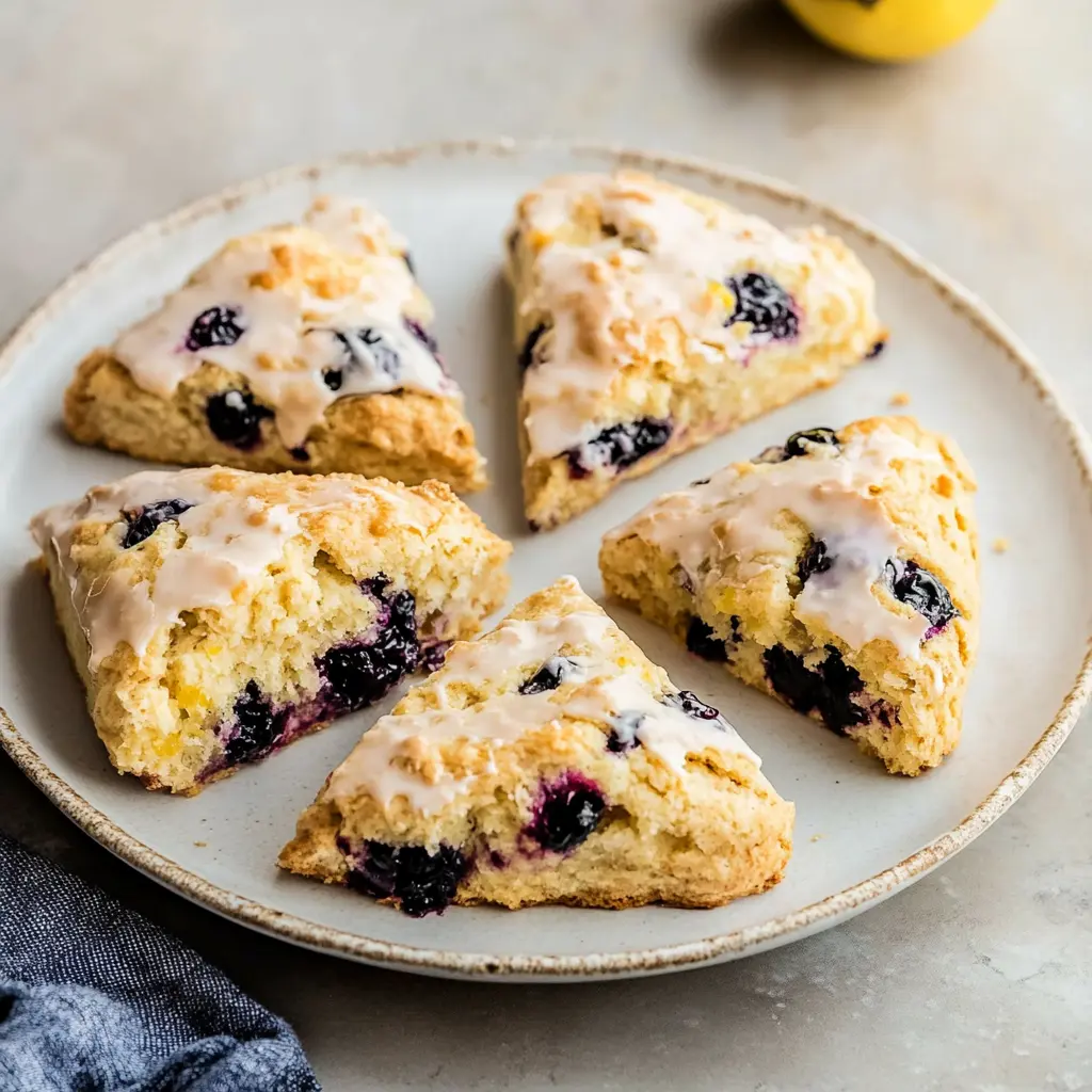 Discover Easy and Delicious Lemon Blueberry Scones Recipe 3 LEMON BLUEBERRY SCONES centered hero view, clean and uncluttered