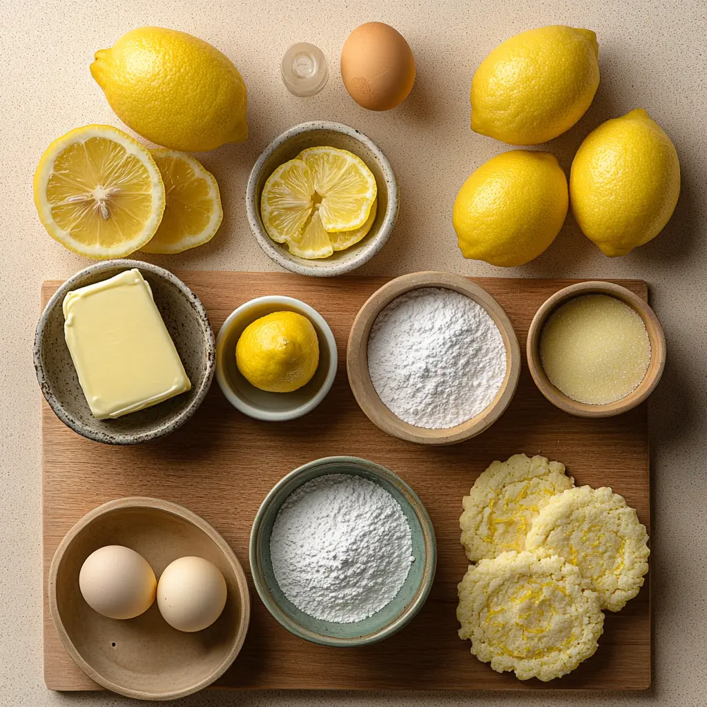 Lemon cookies ingredients, neatly arranged on a clean surface