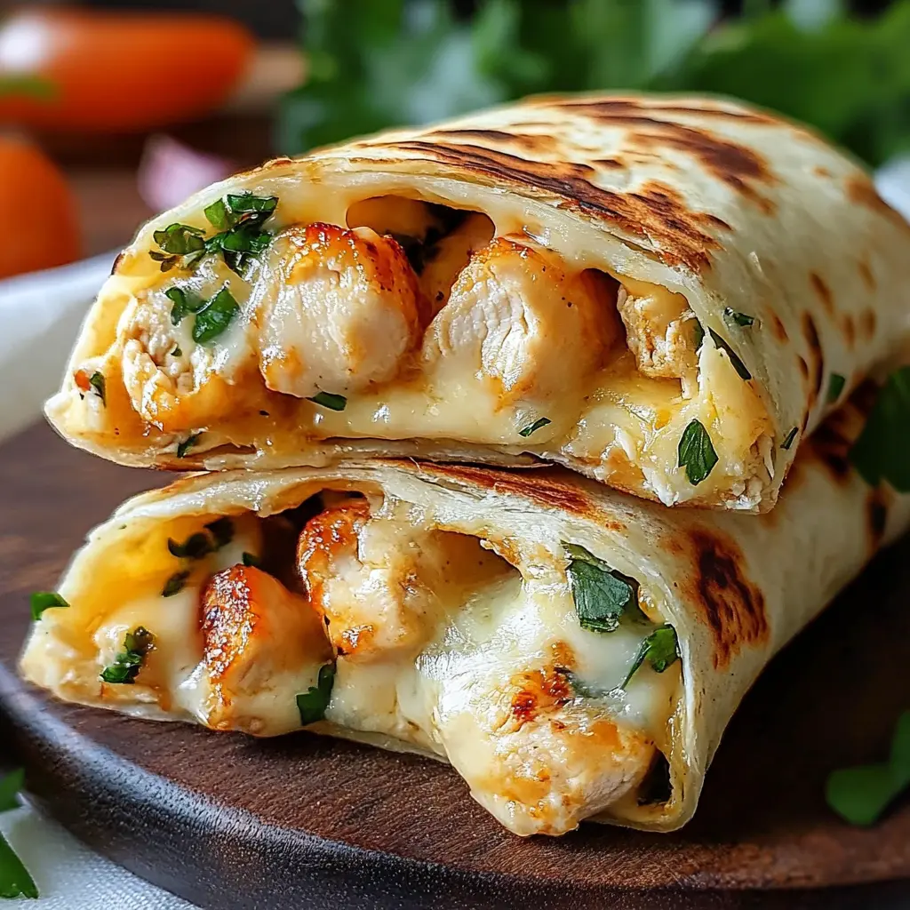 LOW CARB CHEESY GARLIC CHICKEN WRAPS centered hero view, clean and uncluttered