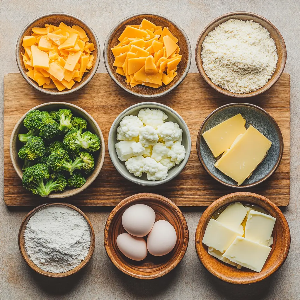 Low carb crispy broccoli cheese rounds with ingredients arranged neatly