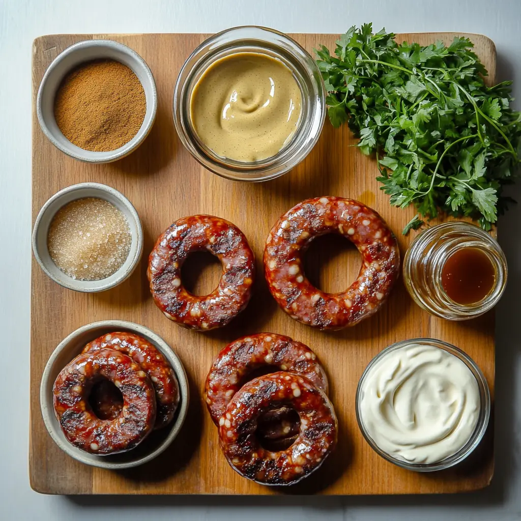 MUSTARD HASSELBACK KIELBASA BITES centered hero view, clean and uncluttered