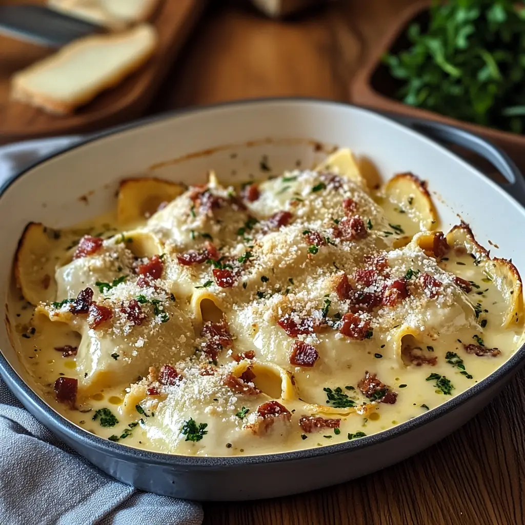 Olive Garden Inspired Ravioli Carbonara centered hero view, clean and uncluttered