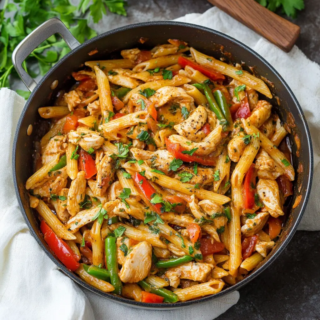 ONE POT CHICKEN FAJITA PASTA centered hero view, clean and uncluttered