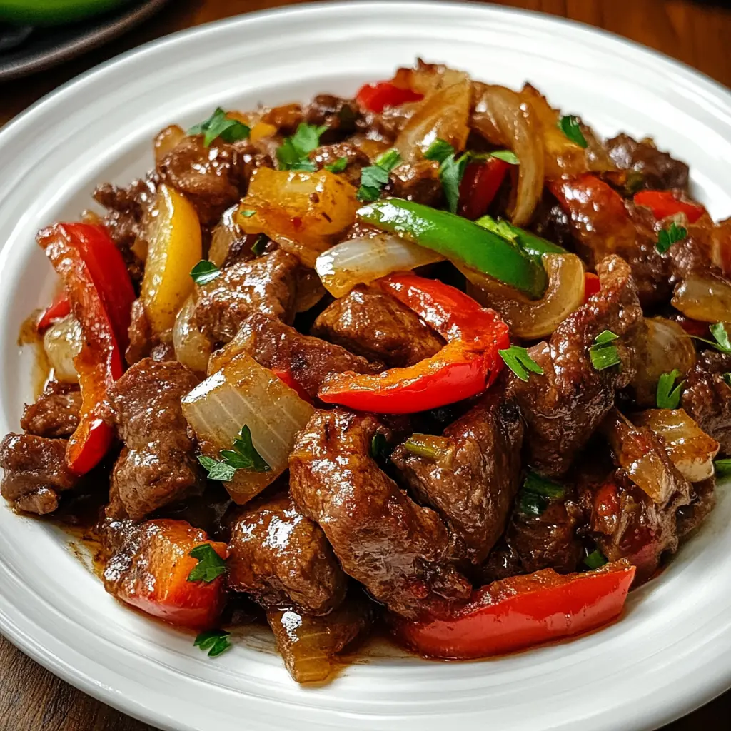 Juicy Pepper Steak with Bell Peppers and Onion for Dinner 3 PEPPER STEAK WITH BELL PEPPERS AND ONION centered hero view, clean and uncluttered
